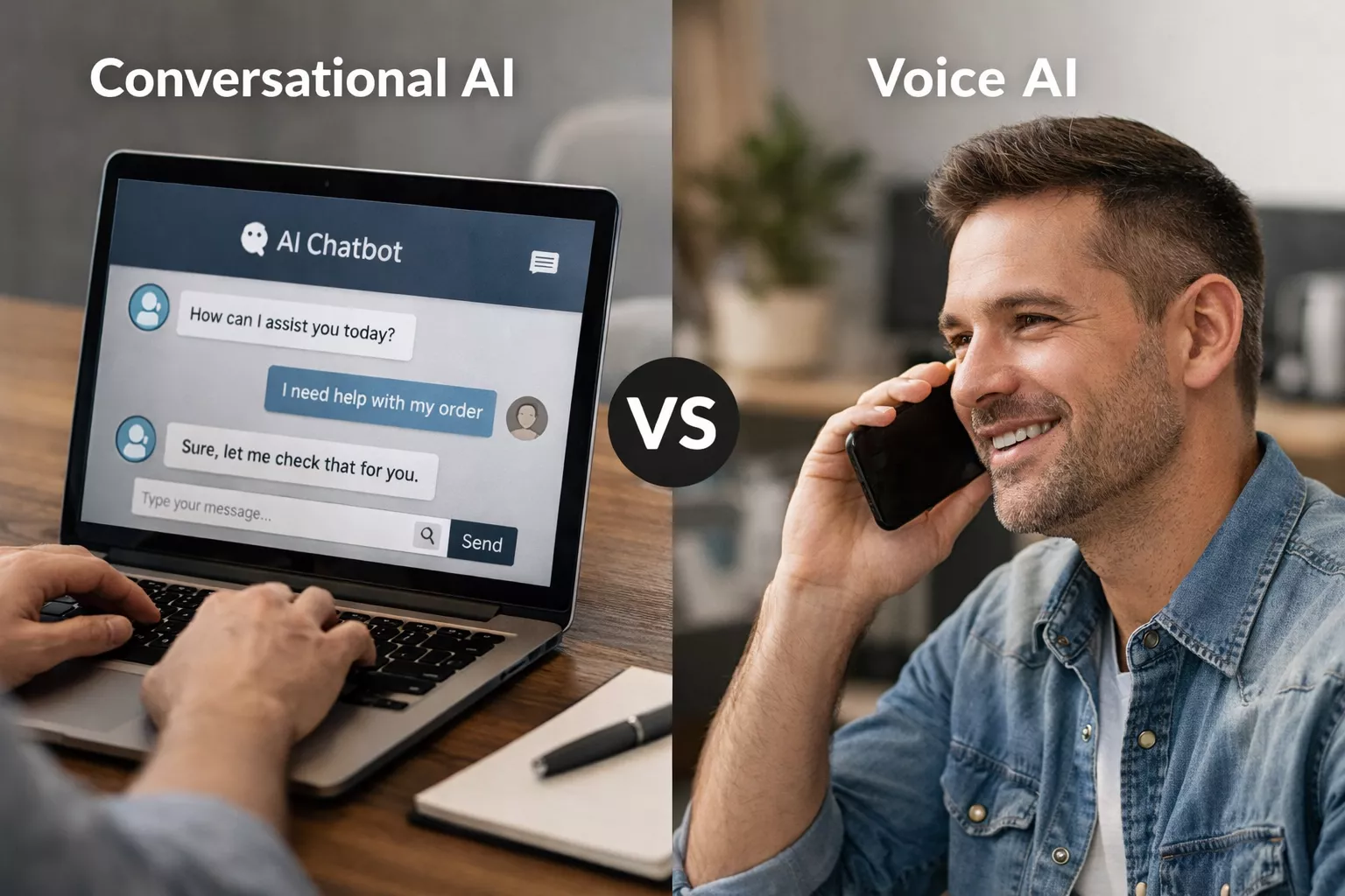 conversational AI vs voice AI comparison showing chatbot and phone call interaction.
