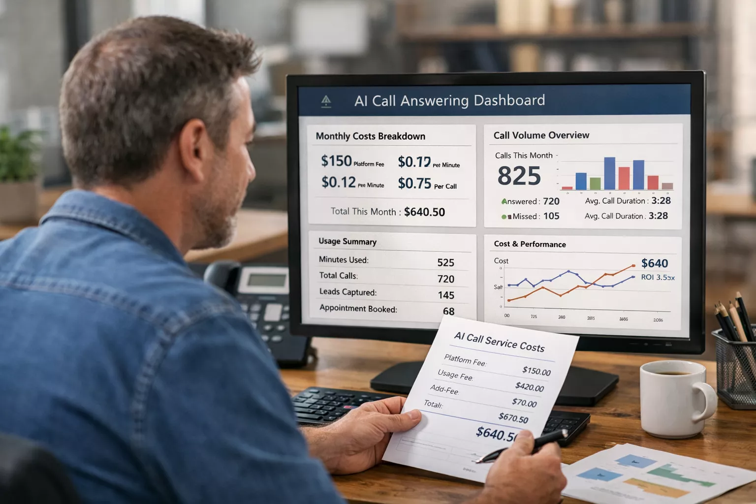 usiness owner reviewing AI call answering service pricing and call analytics on computer