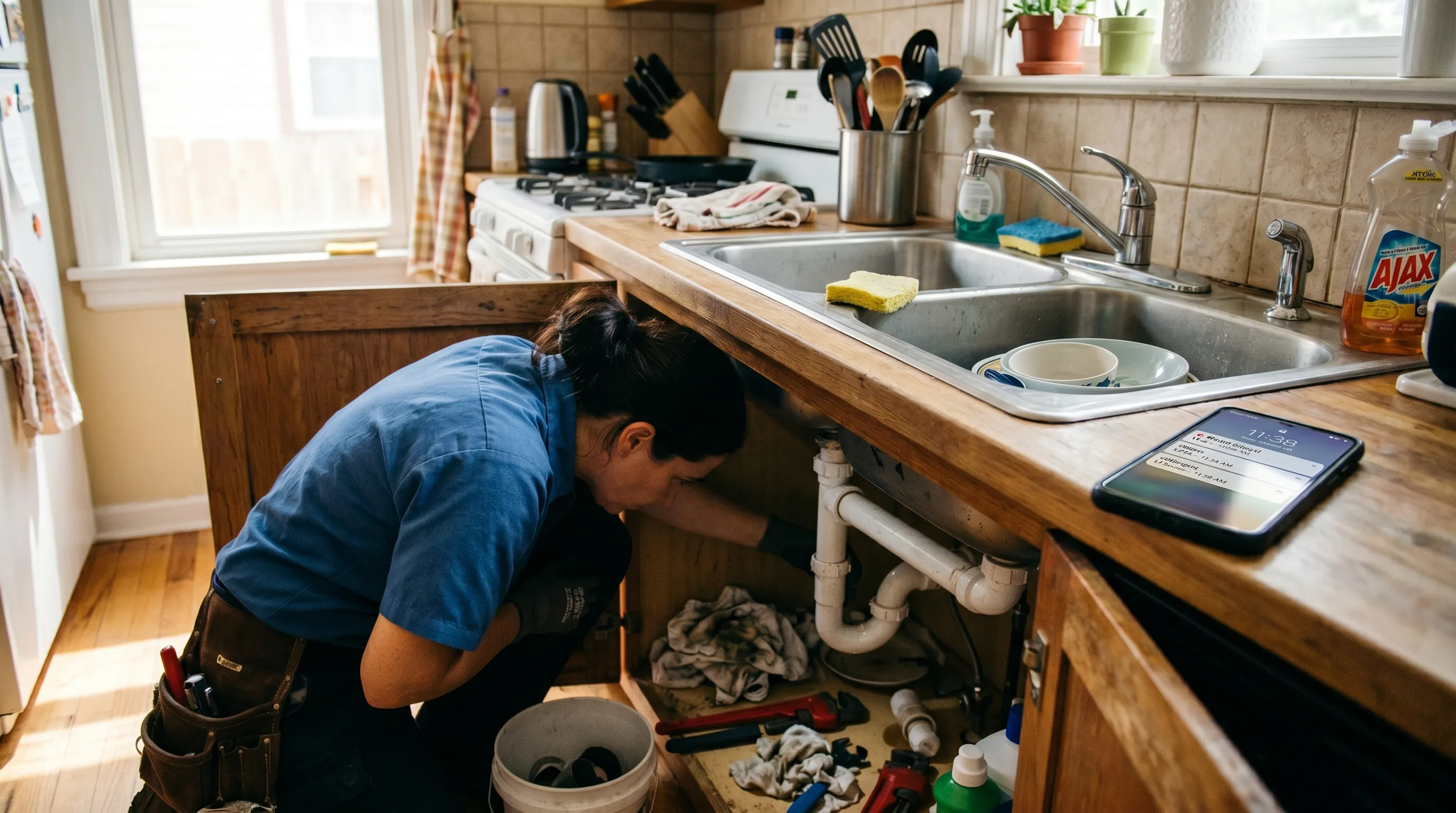 Plumber working on a repair while a smartphone shows missed calls, representing lost business opportunities