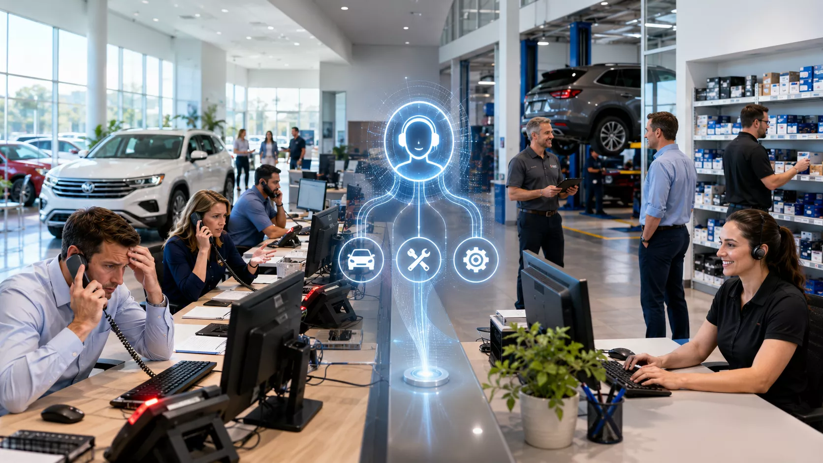 Modern car dealership office with AI-powered call handling system helping sales, service, and parts departments manage customer calls efficiently in a bright showroom environment.