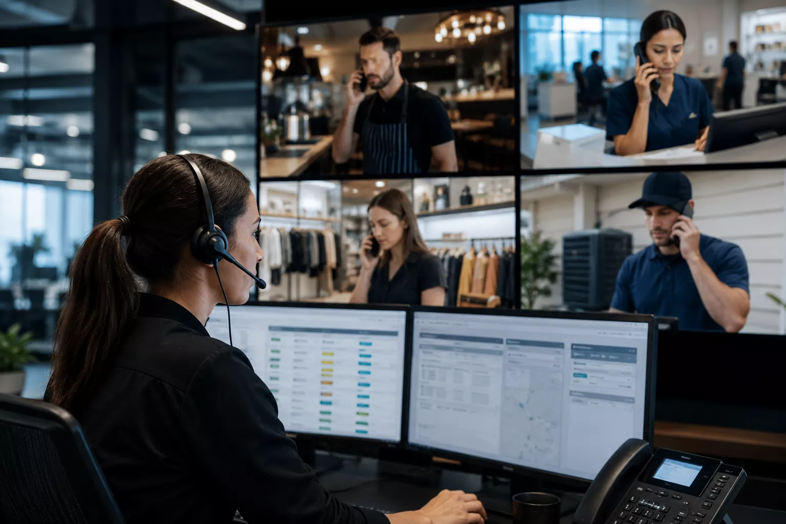Professional woman wearing a headset inside a modern customer support command center monitoring multiple business locations including restaurants, clinics, retail stores, and HVAC services through live dashboards and phone systems in a realistic corporate 