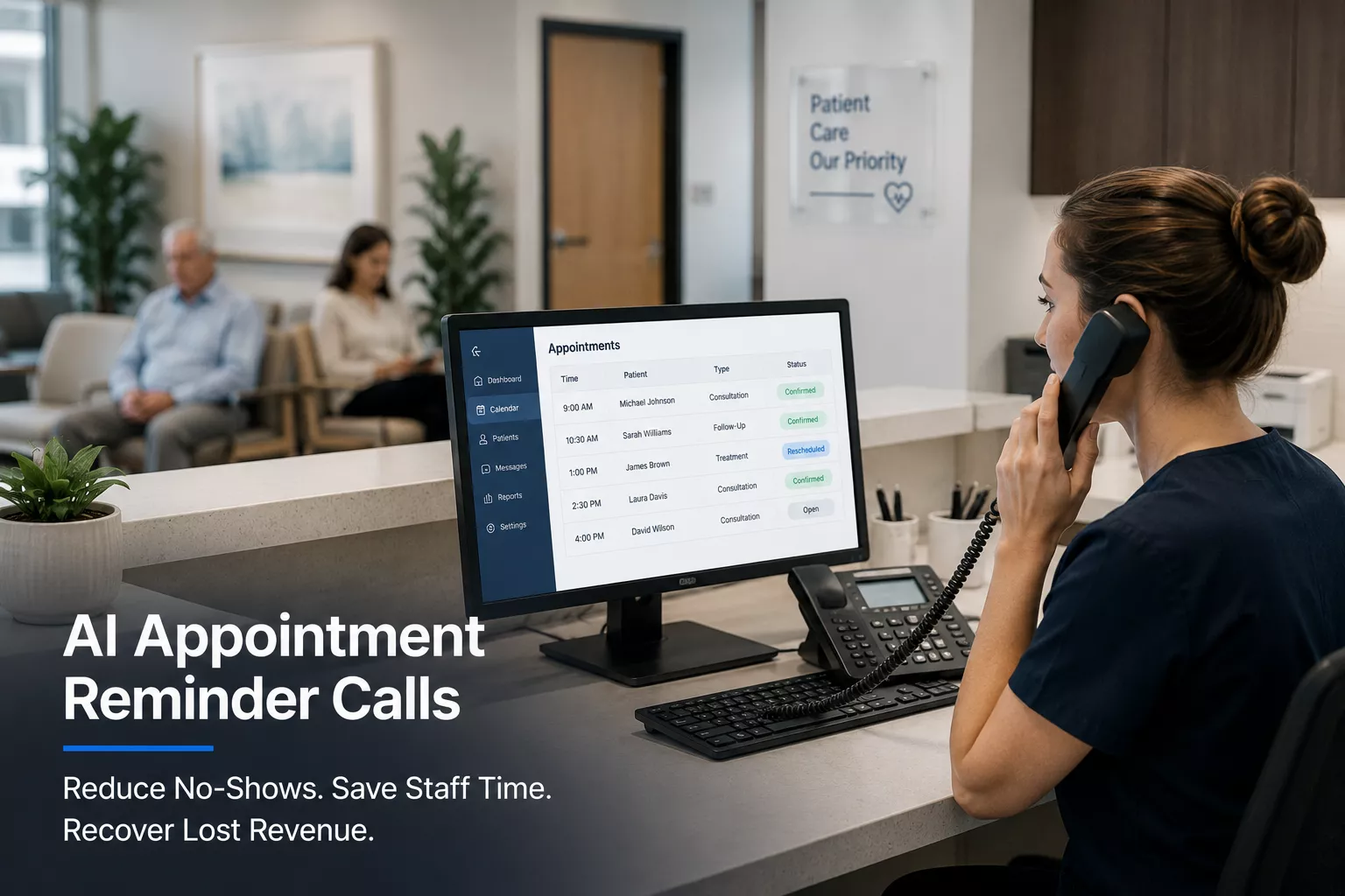 Medical clinic front desk using AI appointment reminder calls to confirm appointments, reduce no-shows, and recover lost revenue.