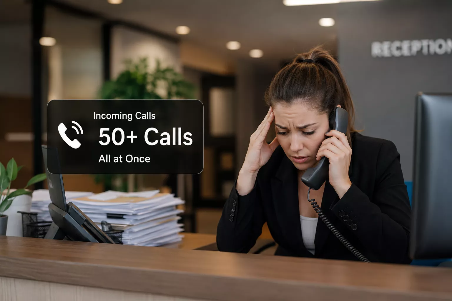Overwhelmed receptionist handling a surge of incoming business calls while AI call overflow technology manages multiple customer calls simultaneously.