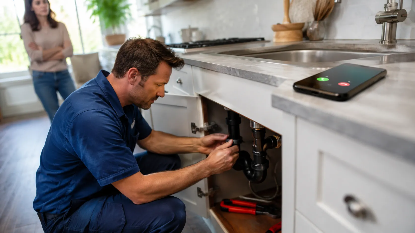 Plumber repairing pipes under a kitchen sink while an incoming customer call goes unanswered on a nearby smartphone