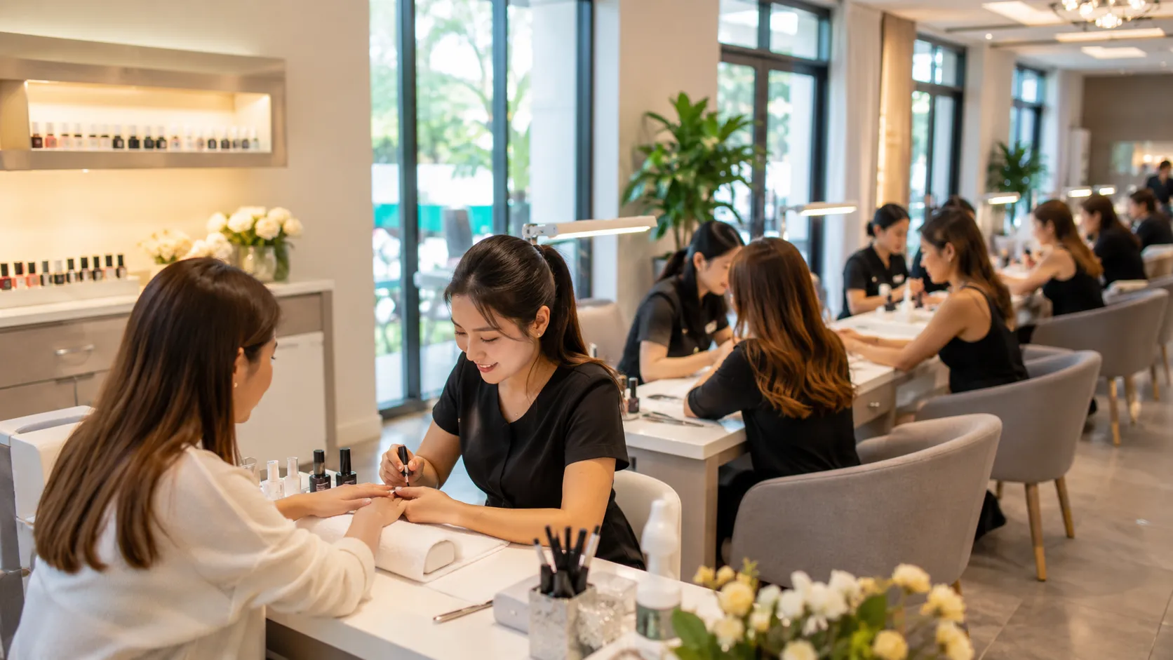 Busy nail salon with technicians serving clients and all manicure stations occupied during business hours