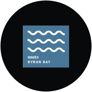 Logo with four horizontal white wavy lines above the text 'WAVES BYRON BAY' on a blue square background.