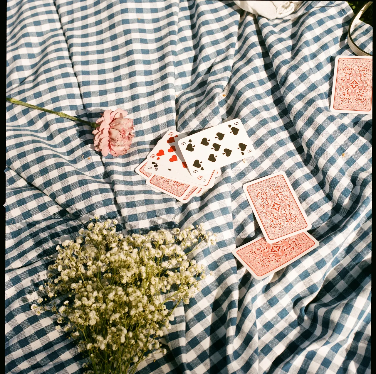 Playing cards, a pink carnation, and white baby's breath flowers on a blue and white checkered cloth.
