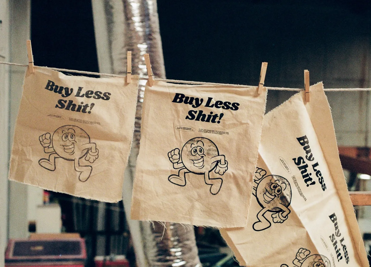 Cloth pieces hanging on a line with printed text 'Buy Less Shit!' and a cartoon smiling circular character.