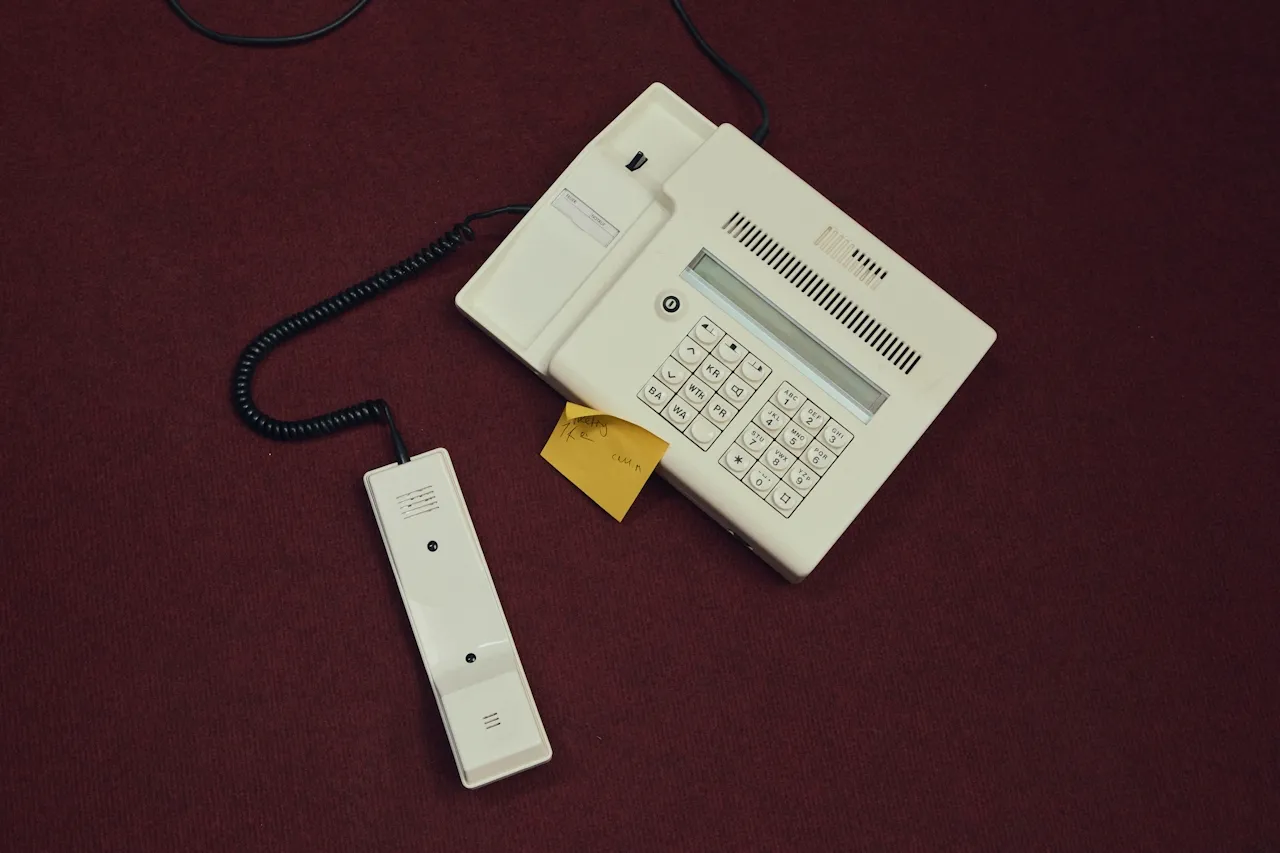 A vintage white landline telephone with handset off the cradle on a dark red surface, featuring a keypad, display screen, and a yellow sticky note attached.
