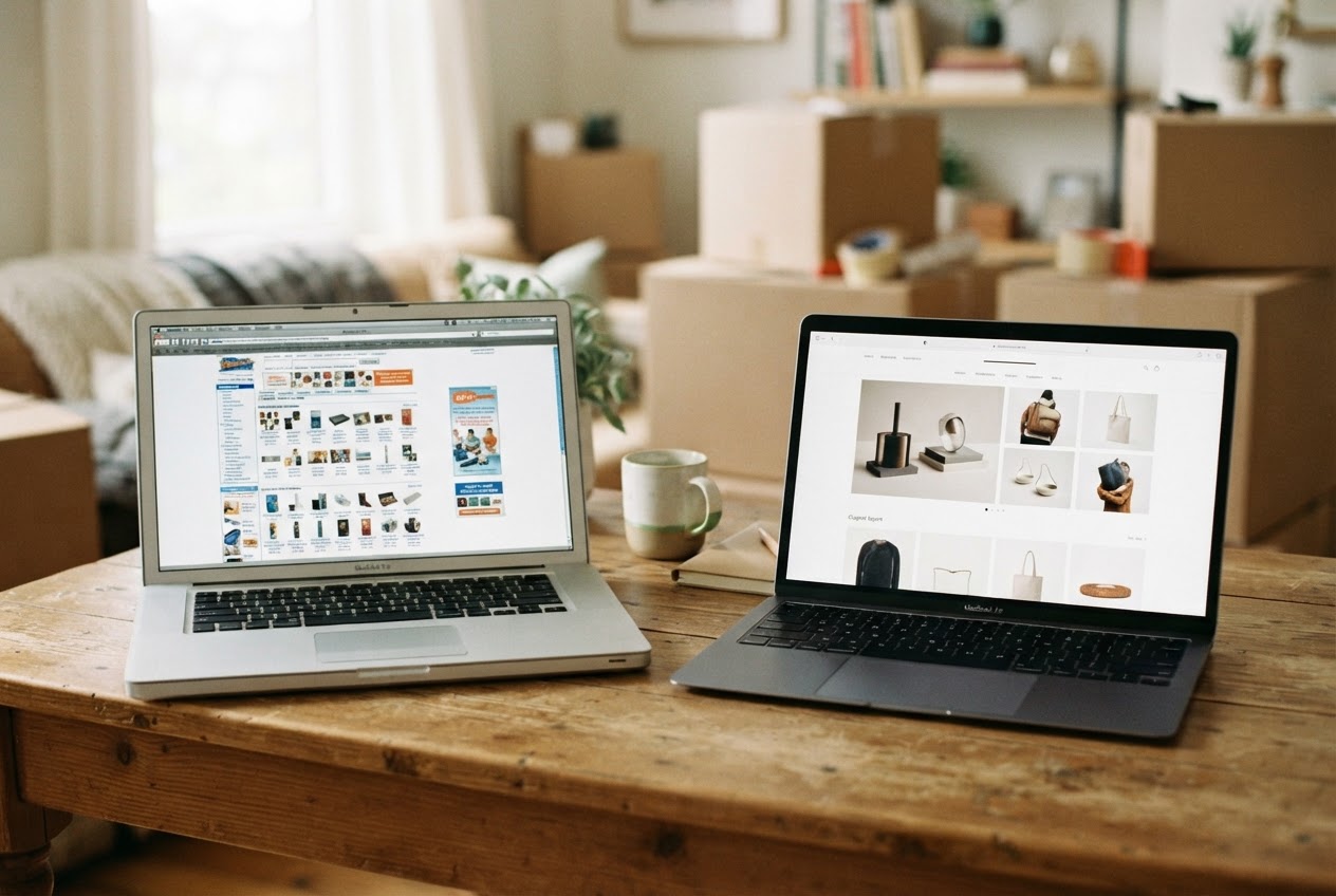 Old and new online store designs on two laptops with moving boxes behind, representing a Shopify migration
