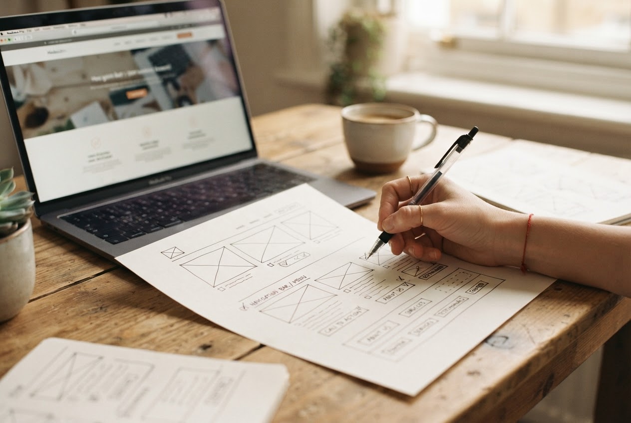 Designer ticking off a printed landing page wireframe checklist next to a laptop