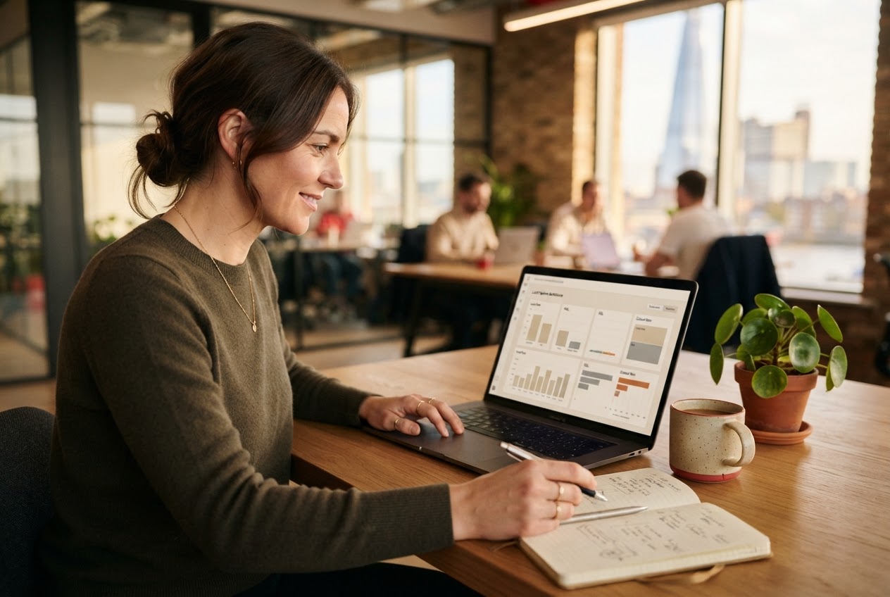 Marketing manager reviewing a B2B lead pipeline dashboard on a laptop in a London office