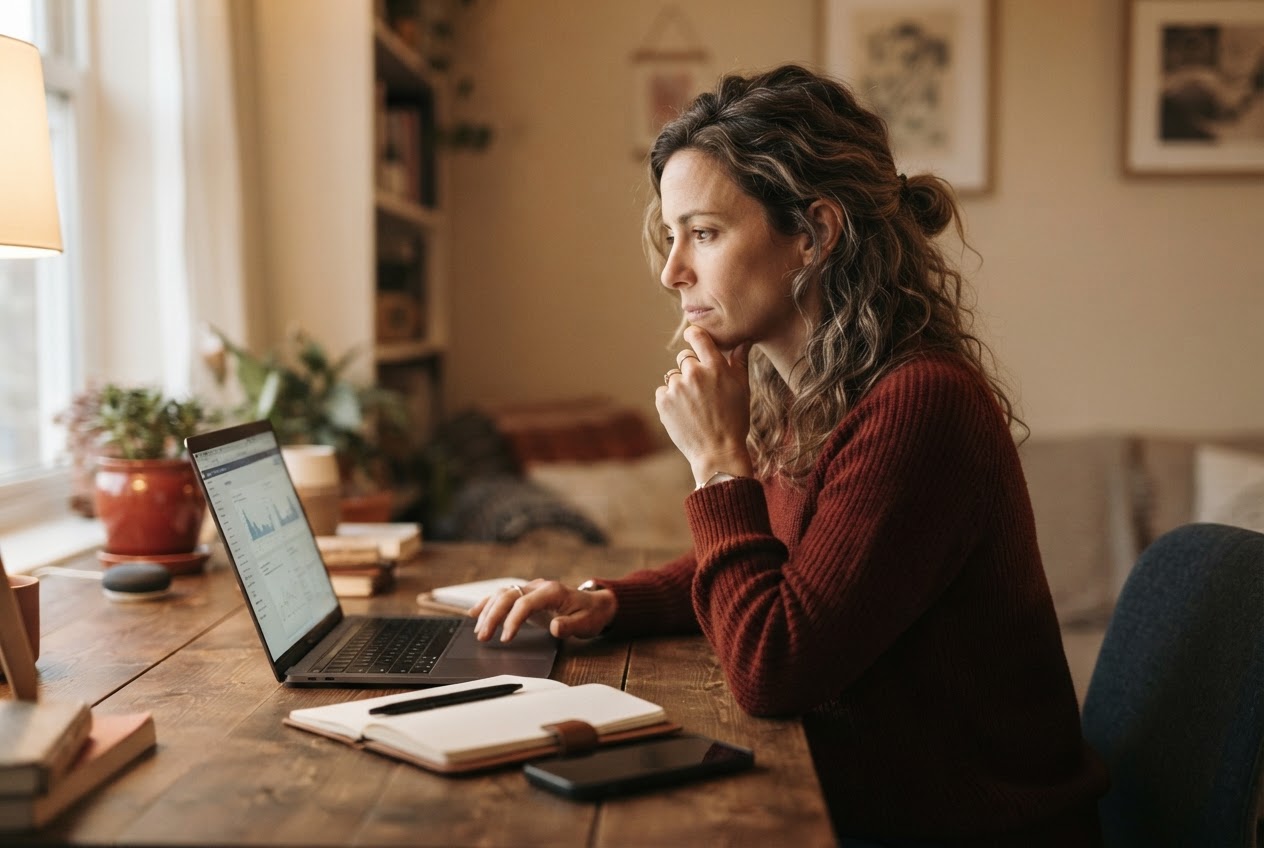 Business owner looking at Google Ads results on a laptop with a silent phone beside her