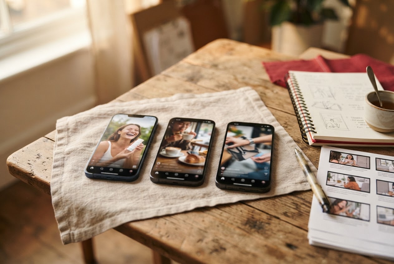 Three phones showing different vertical video ad creatives next to a storyboard