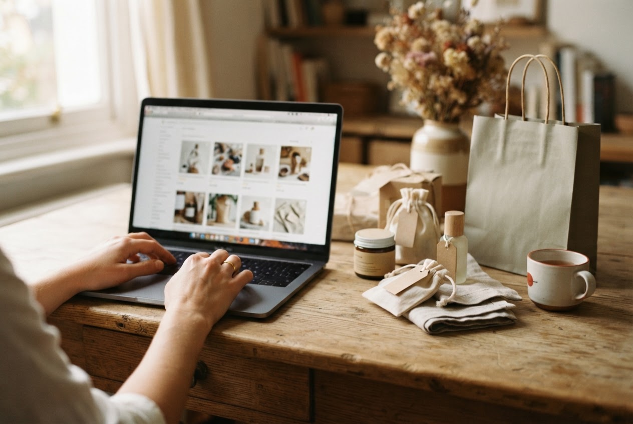 Online shop product grid on a laptop beside packaged products and a shopping bag
