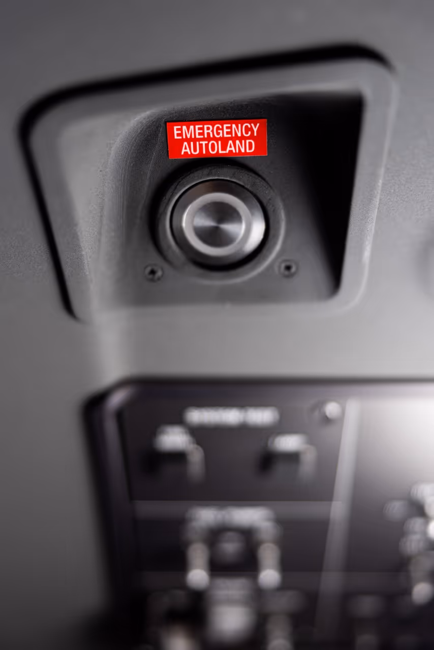 Close-up of an emergency autoland button with a red label inside an aircraft cockpit.