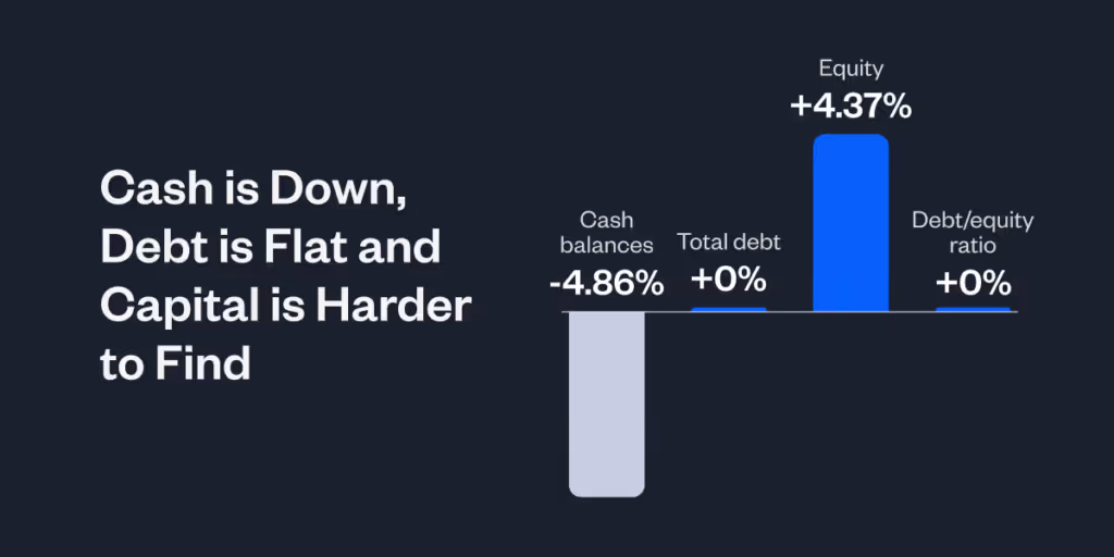 Bar chart titled 'Cash is Down, Debt is Flat and Capital is Harder to Find' showing four metrics for Canadian businesses in 2025: Cash balances down 4.86%, Total debt unchanged at 0%, Equity up 4.37%, and Debt/equity ratio unchanged at 0%.