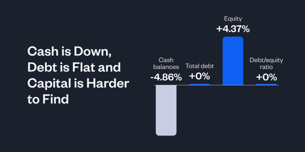Bar chart titled 'Cash is Down, Debt is Flat and Capital is Harder to Find' showing four metrics for Canadian businesses in 2025: Cash balances down 4.86%, Total debt unchanged at 0%, Equity up 4.37%, and Debt/equity ratio unchanged at 0%.