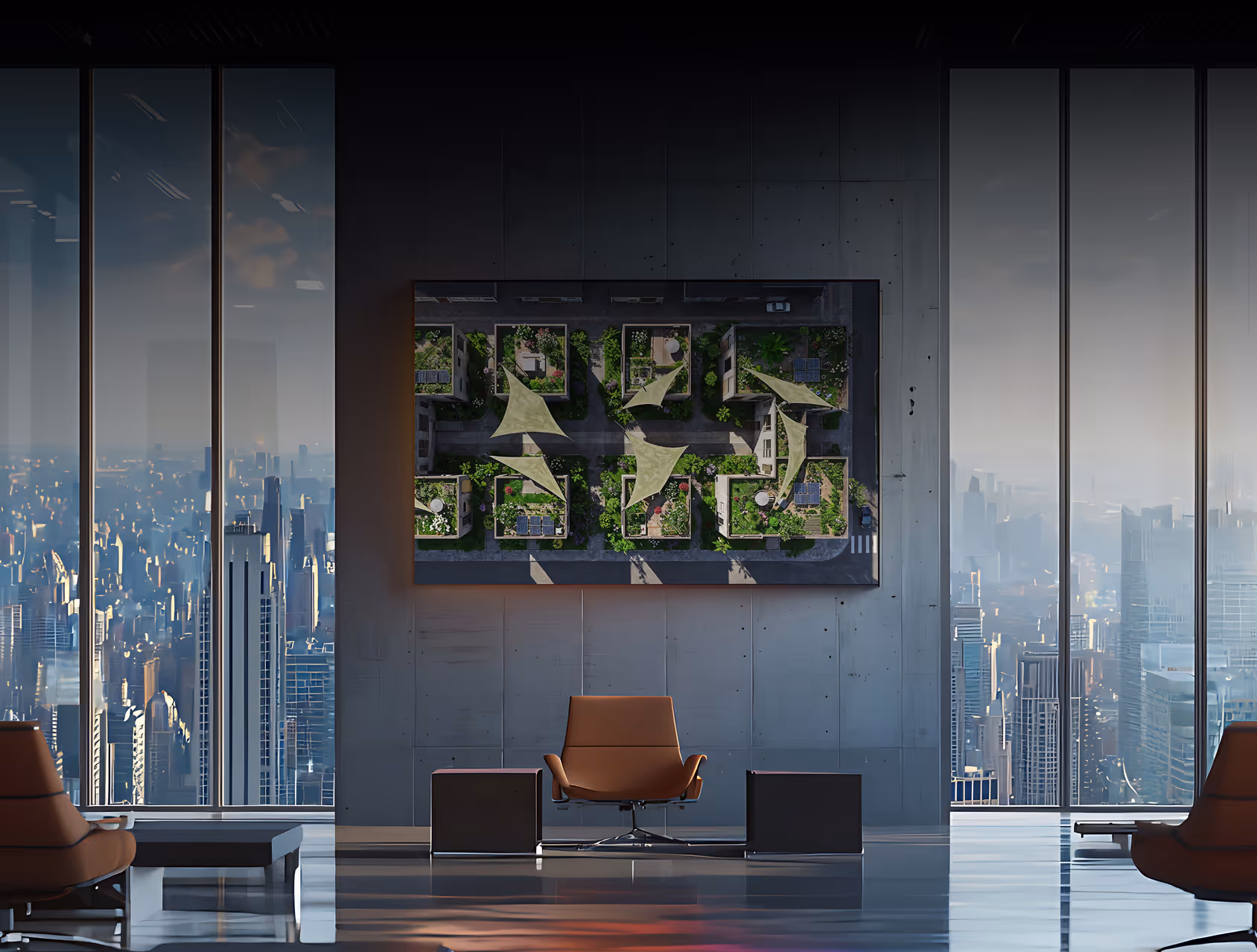 Large LED screen displaying a colorful abstract swirl pattern mounted on a black modular panel system against a dark background.