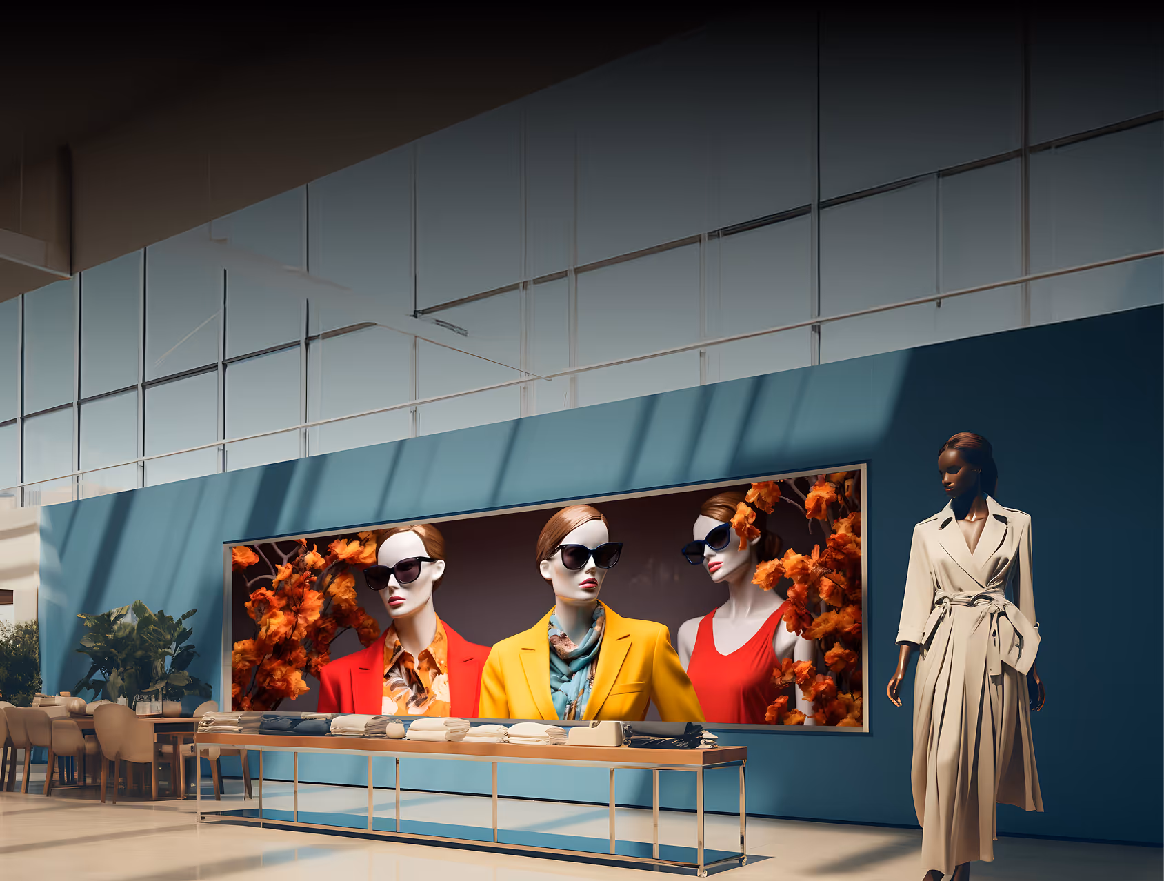 Large LED screen displaying a colorful abstract swirl pattern mounted on a black modular panel system against a dark background.