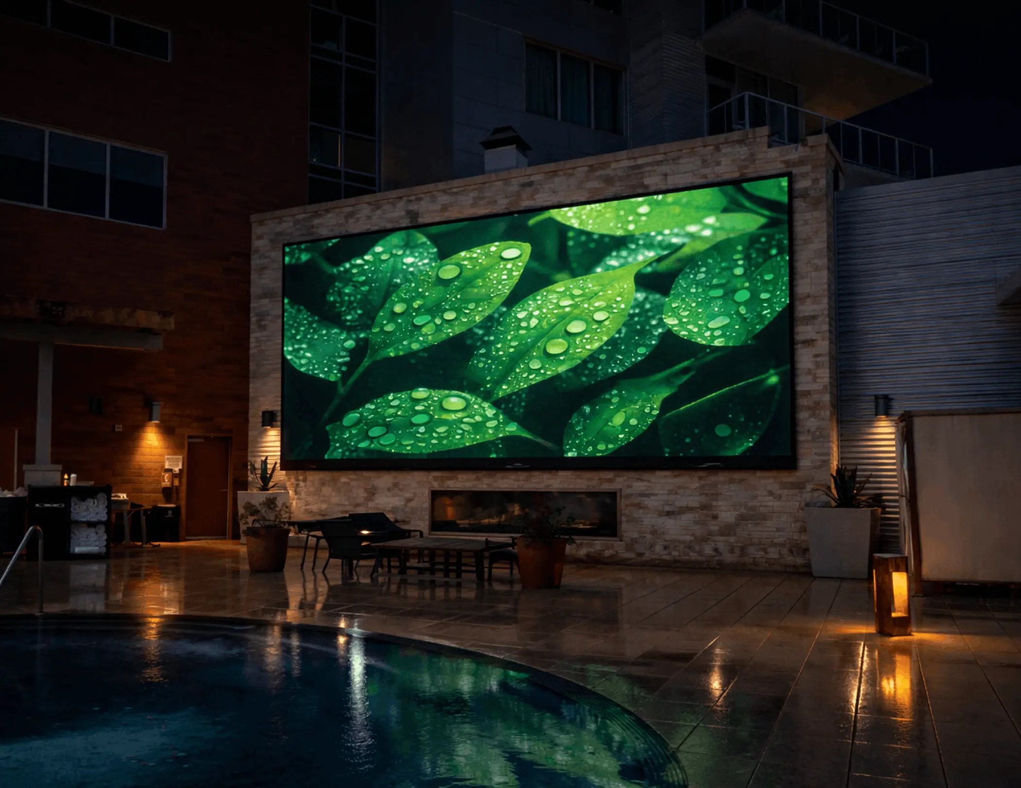 Large LED screen displaying a colorful abstract swirl pattern mounted on a black modular panel system against a dark background.