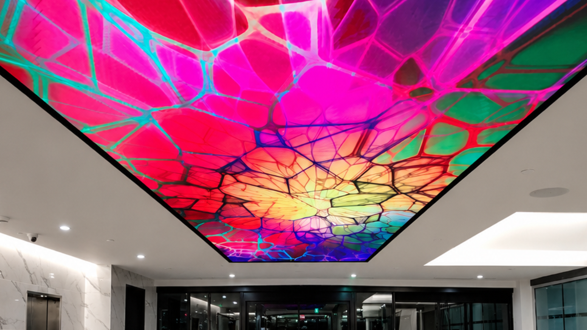 The result changes the way visitors experience the lobby from the moment they enter. Where the ceiling once remained visually quiet, a nearly 30-foot digital canvas now carries color and motion across the walkway, drawing the eye upward and creating a sense of arrival. At this scale, the display feels like part of the architecture rather than traditional signage, transforming an overlooked surface into one of the defining features of the space. Nearly 30 feet of Vision X LED. One unexpected digital canvas. An entrance designed to make visitors look up.