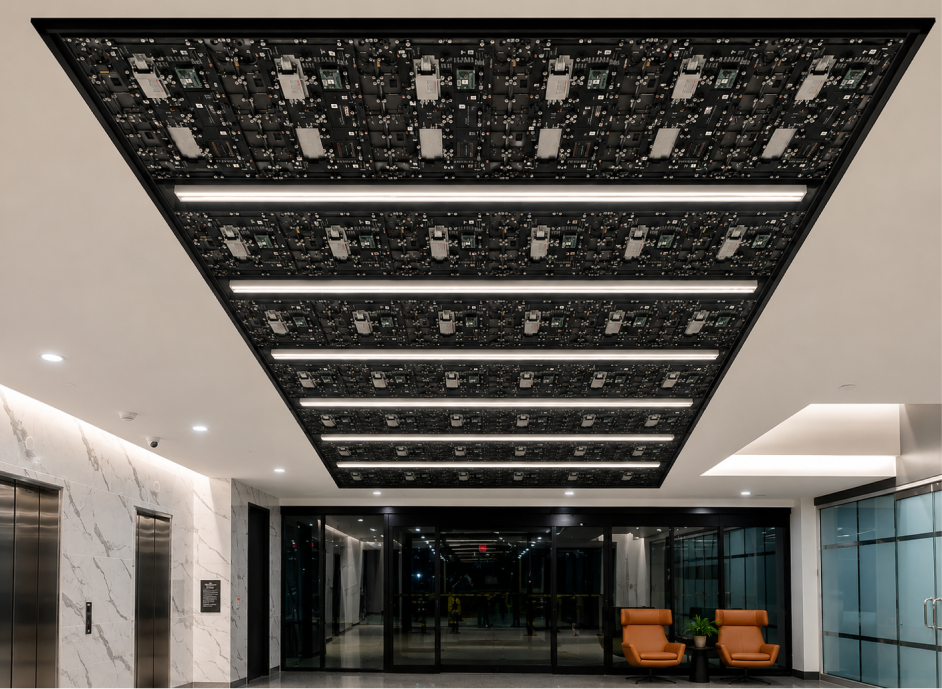 A premium entrance should make an impression from every angle. At this Mason, Ohio business center, the lobby featured a wide, open ceiling above the main walkway. While the surrounding architecture established a refined environment, the space overhead presented an opportunity to create something unexpected: bringing visual energy into the entrance without adding a conventional wall-mounted display or competing with the architecture at eye level.