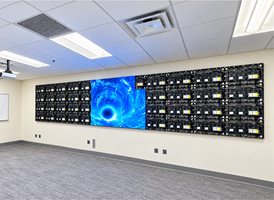 A conference or briefing space at Wexner Medical Center needed a display large enough to command the full width of the room, built to handle bold, high-resolution content rather than standard presentation slides.