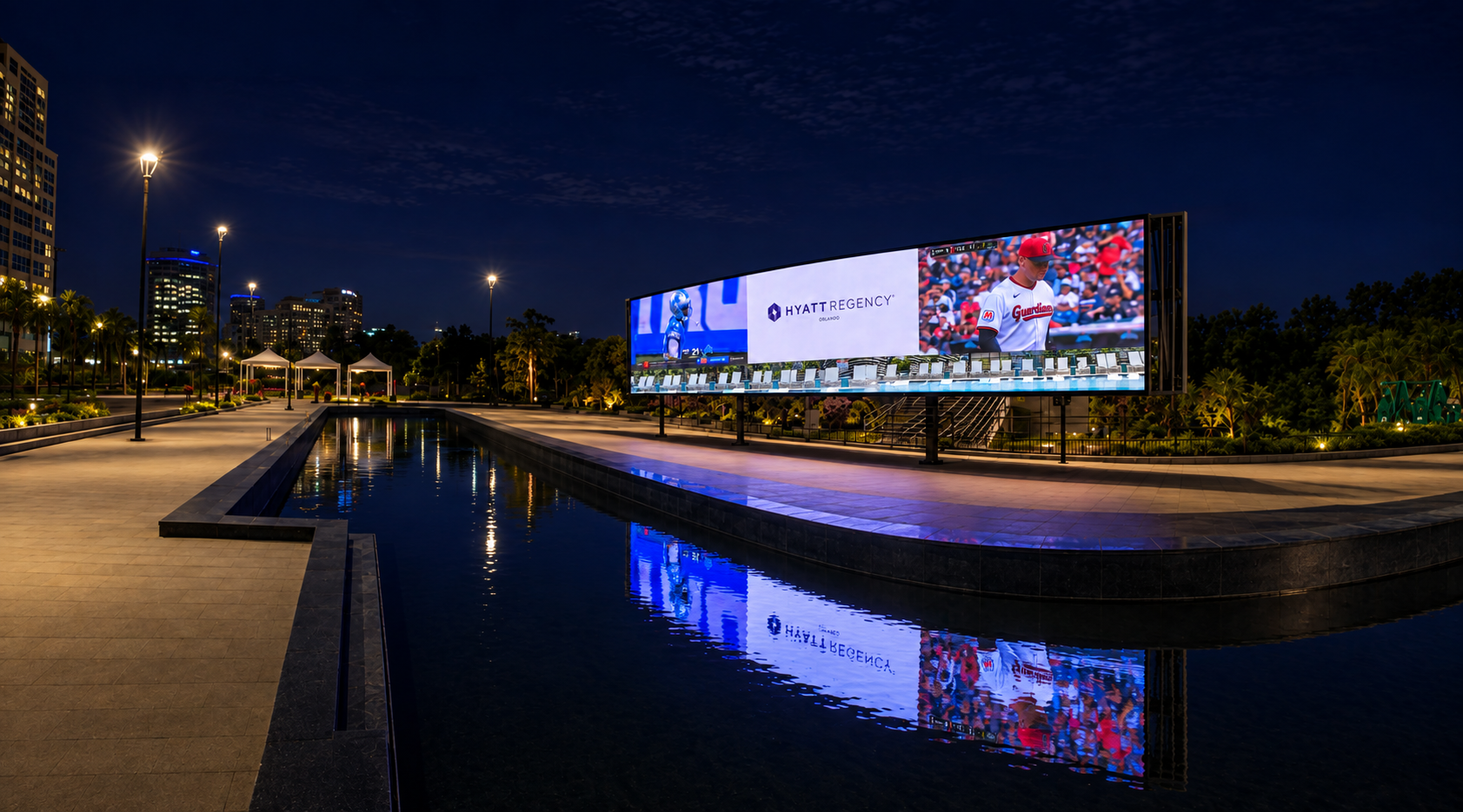 The result is a rooftop designed to perform across different audiences, events, and times of day. During everyday guest use, multiple games can play simultaneously across three viewing zones. For private events, the same wall transforms into one expansive digital canvas, without additional equipment or physical reconfiguration. Bright enough to perform under the Florida sun and impactful after dark, the system gives Hyatt Regency one visual platform for sports, entertainment, private functions, branded content, and everyday hospitality. Three viewing zones. One 48:9 canvas. One rooftop ready for every moment.