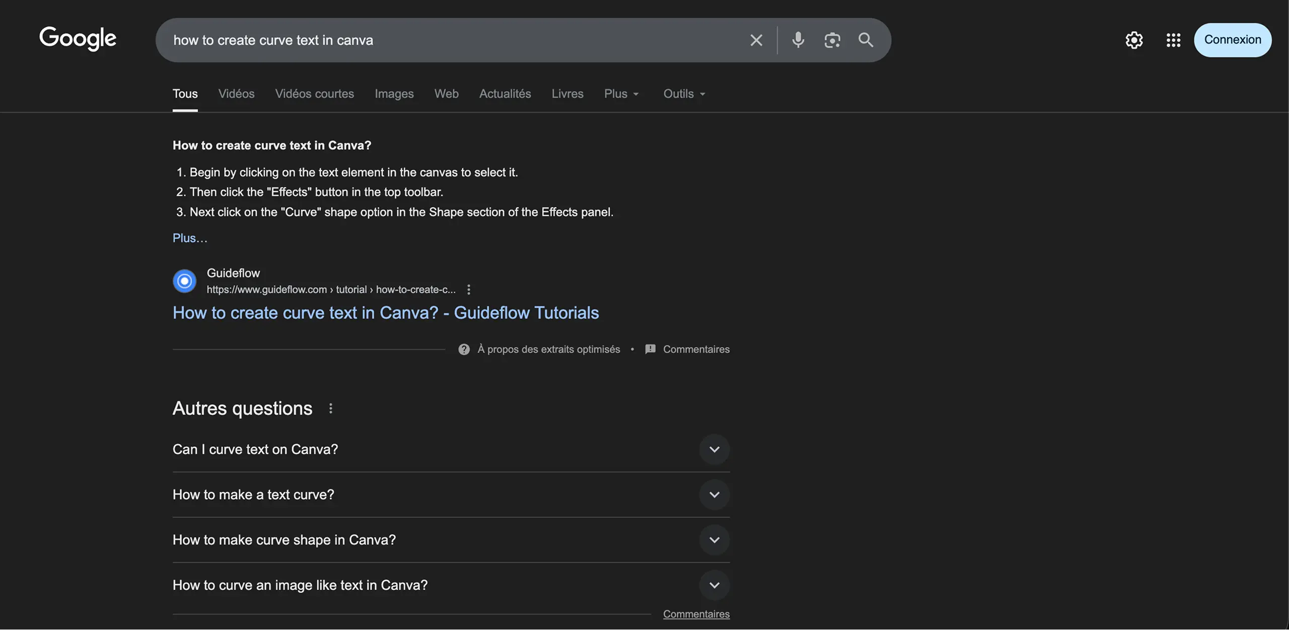 Example of a featured snippet obtained for the query: How to create curved text in Canva