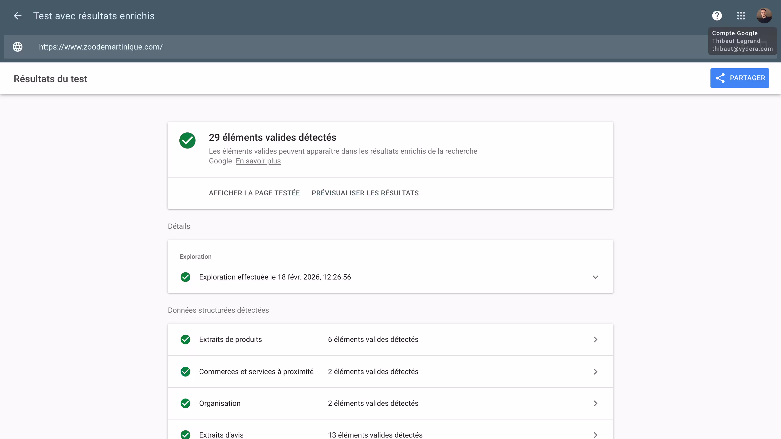 Validation of structured data on the Martinique Zoo homepage via Google Schema Validator