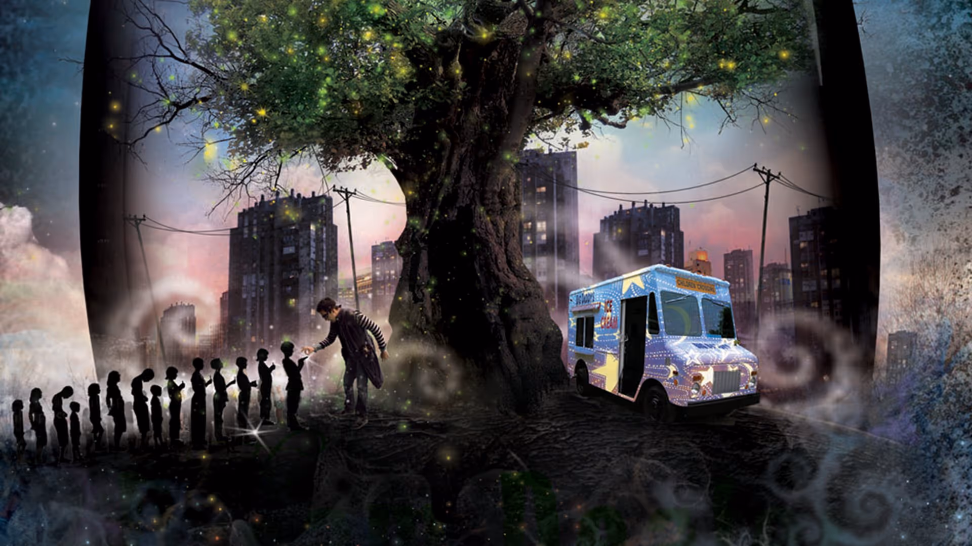 A line of silhouetted children waiting as a man hands small glowing objects to them under a large tree with sparkling lights, near a colorful ice cream truck in a cityscape at dusk.