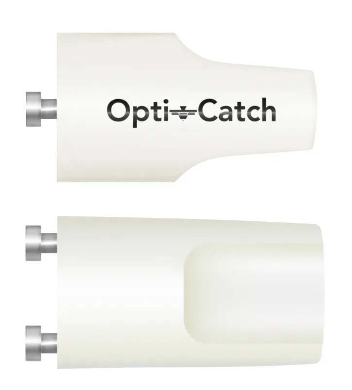 Two views of a white Opti-Catch device with metal connectors, showing front with logo and back side with a recessed area.