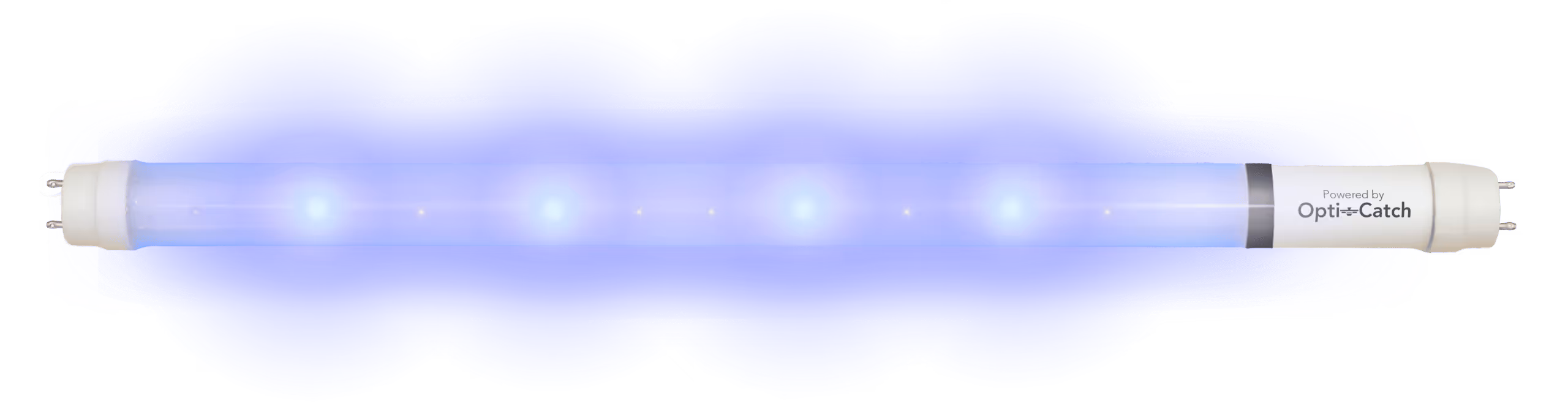 Illuminated tubular light bulb with 'Powered by Opti-Catch' printed on one end.