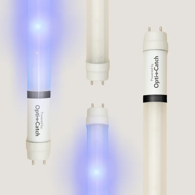 Four Opti-Catch brand UV light tubes, two glowing with blue light and two unlit, arranged vertically on a light background.
