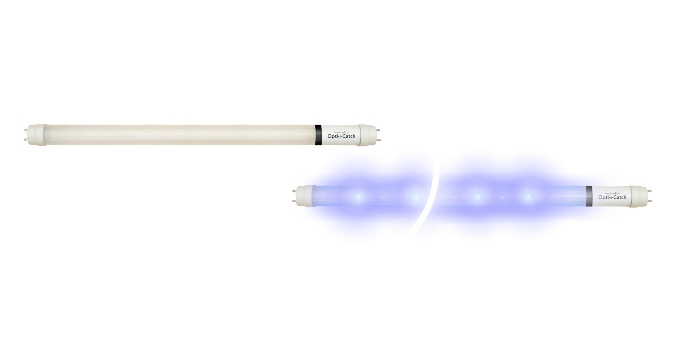 Two Opti-Catch UV light tubes, one glowing with blue UV light and the other unlit on a black background.