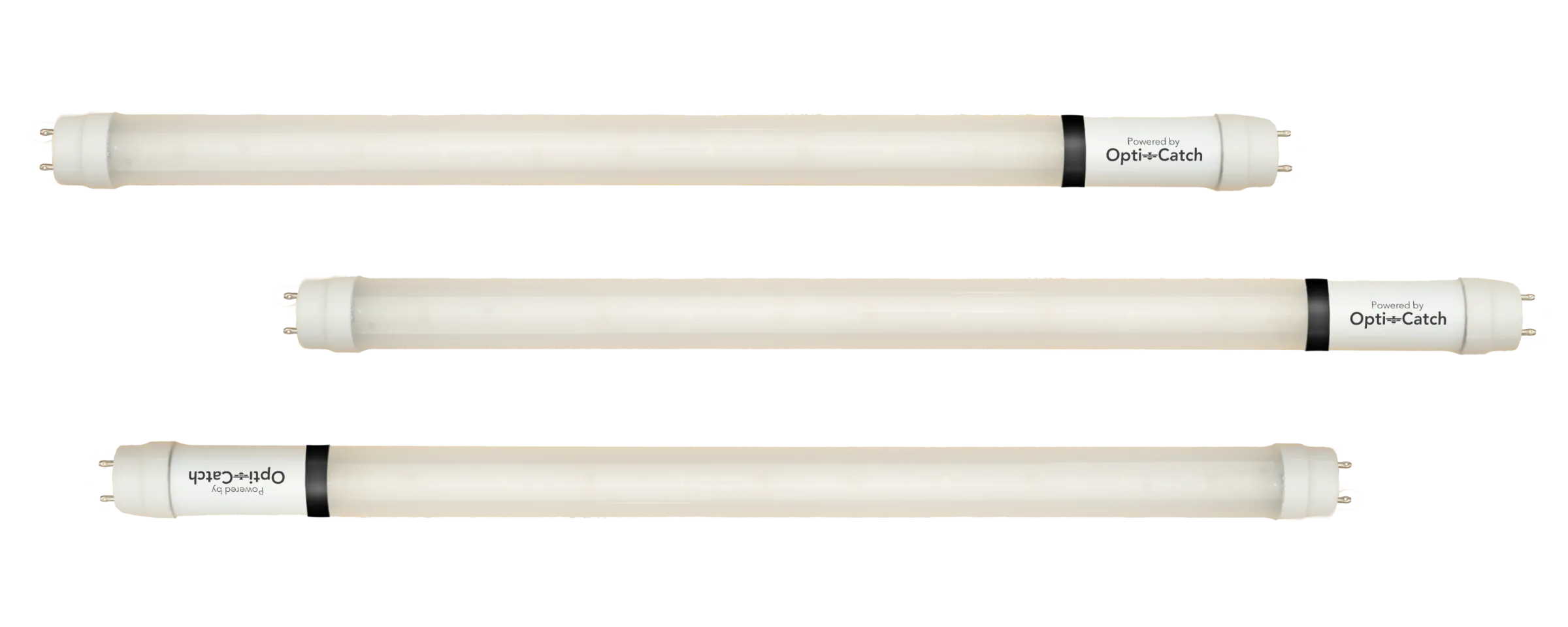 Three elongated UV light tubes labeled Powered by Opti-Catch displayed on a black background.