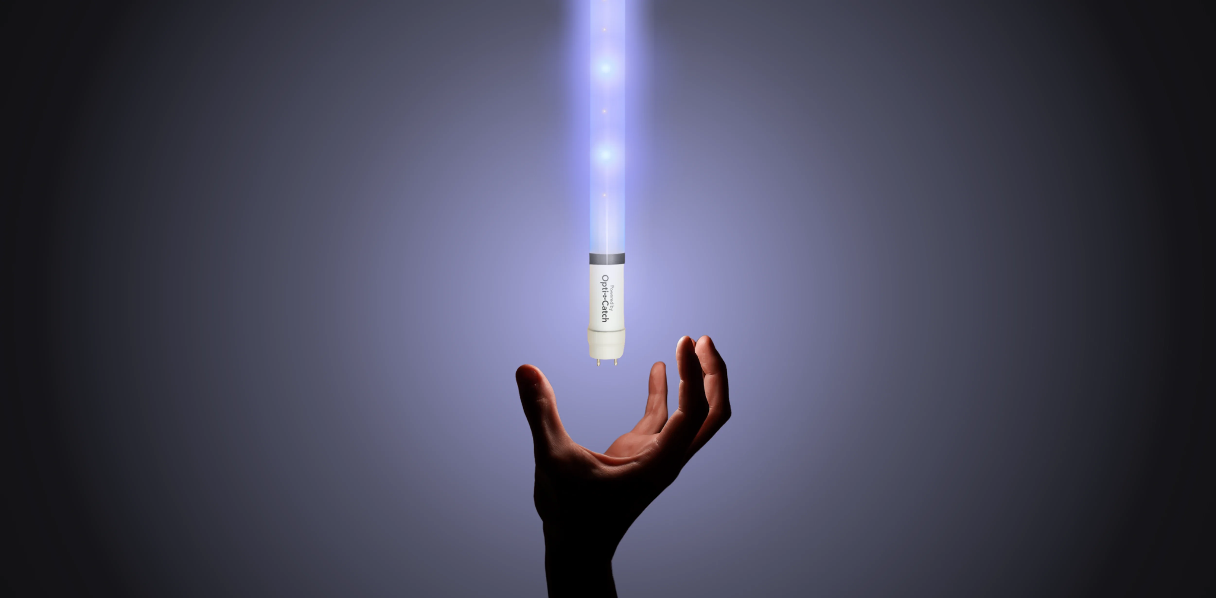 A hand reaching upward toward a glowing vertical light tube labeled Opti-Catch against a dark gradient background.