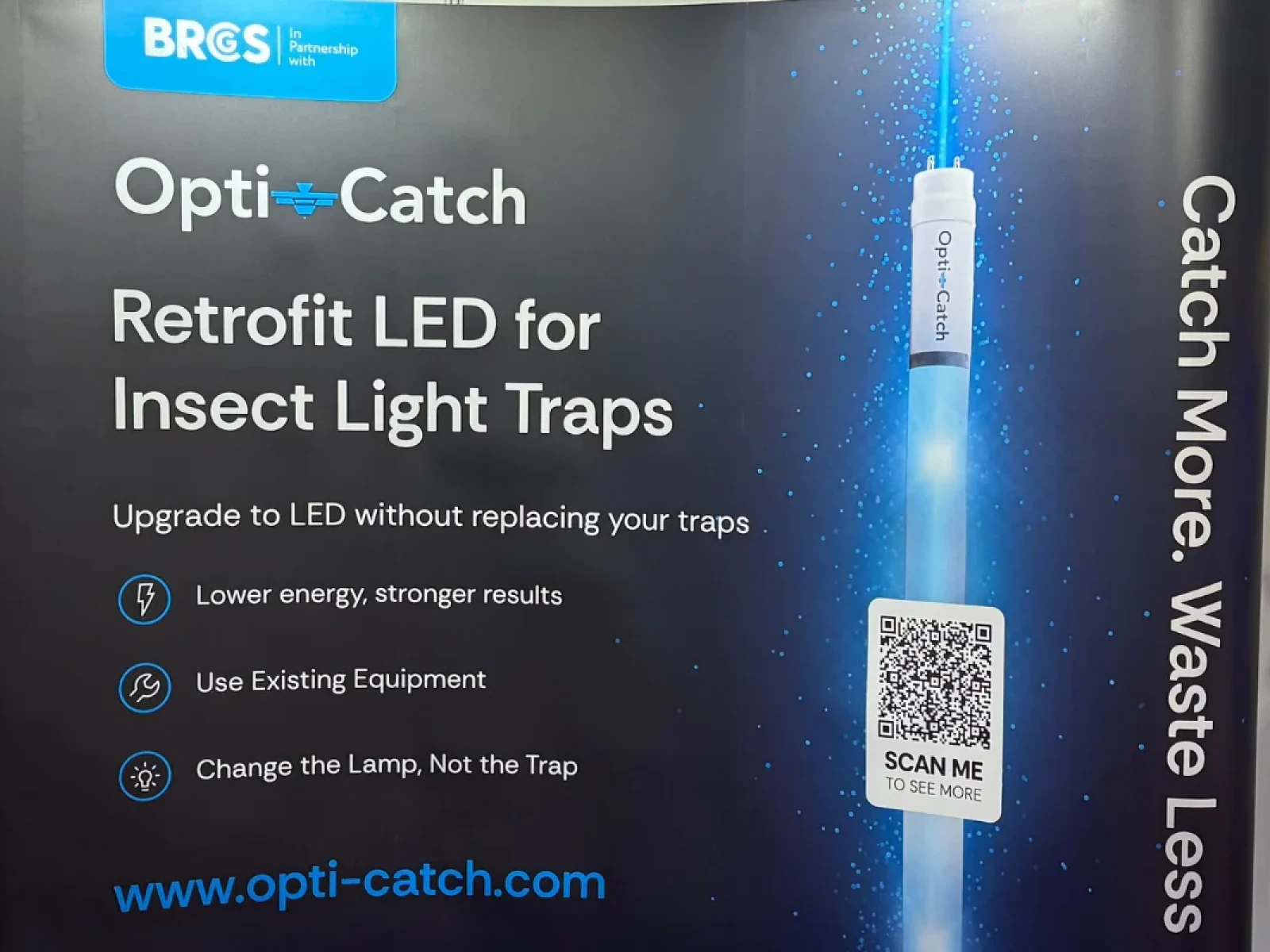 Opti-Catch banner promoting retrofit LED lamps for insect light traps with energy saving benefits.