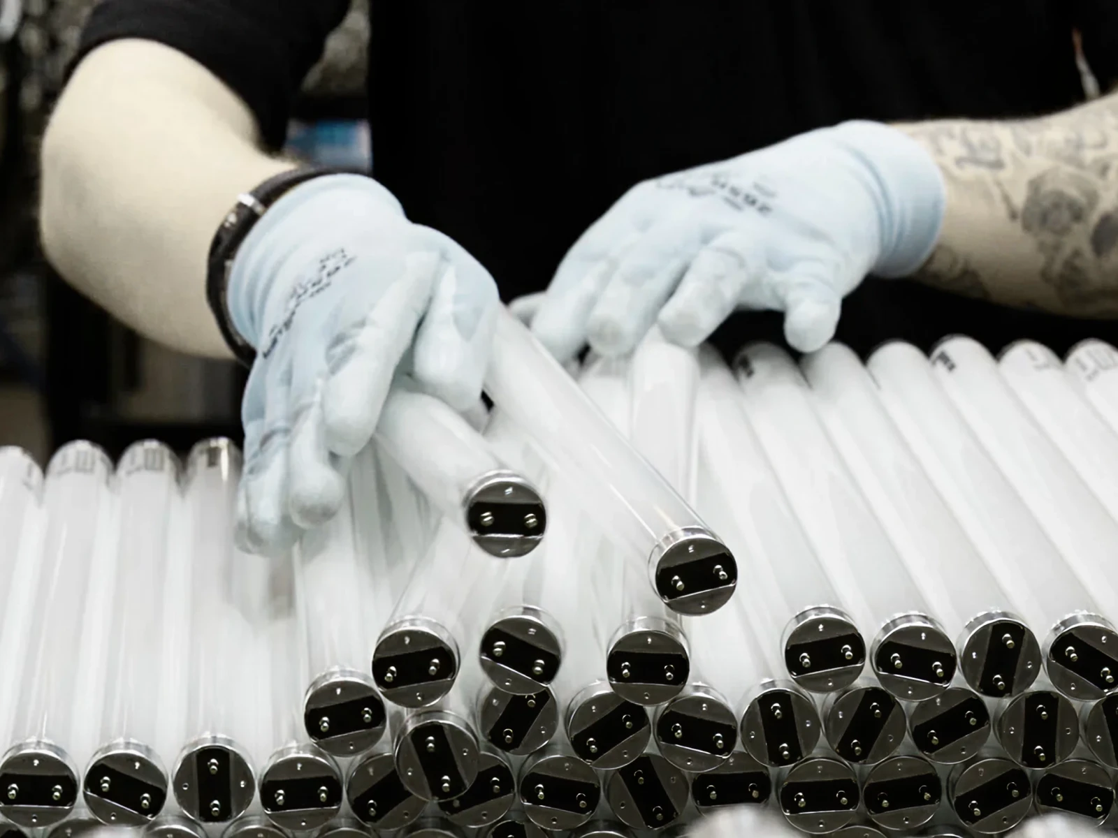 Workers handling LED lamps for insect light traps during quality control checks.