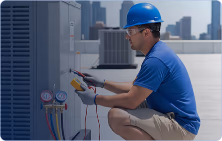 Technician in blue shirt and helmet testing HVAC system on a rooftop with a multimeter.
