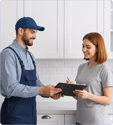 A delivery man in a blue cap and uniform hands a clipboard to a smiling woman signing it in a modern white kitchen.