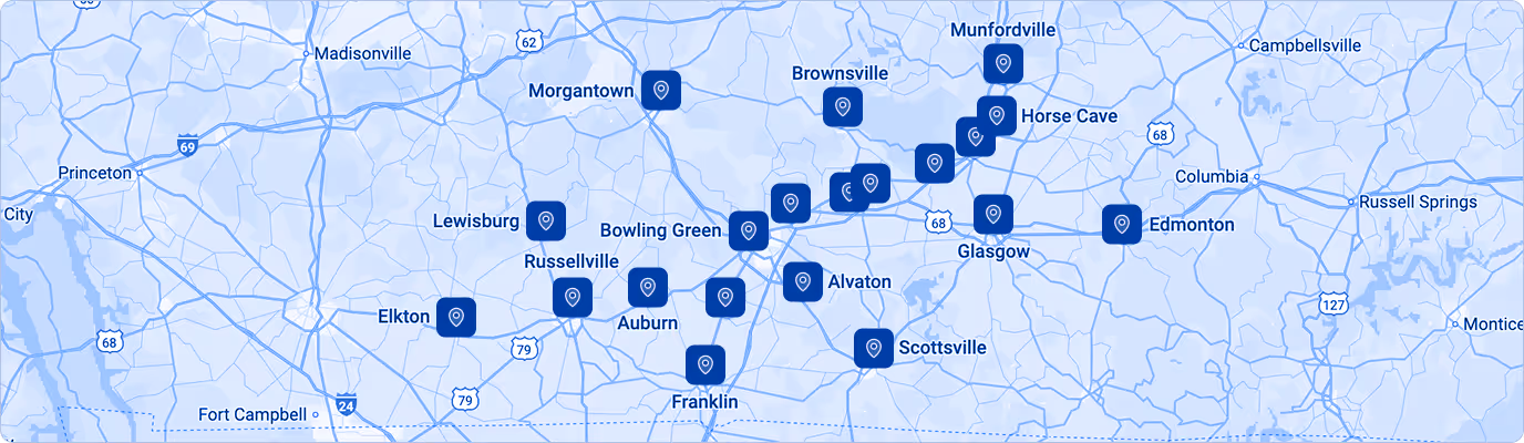Map showing marked service locations in Kentucky, including Morgantown, Lewisburg, Russellville, Elkton, Bowling Green, Auburn, Franklin, Brownsville, Alvaton, Scottsville, Glasgow, Munfordville, Horse Cave, and Edmonton.