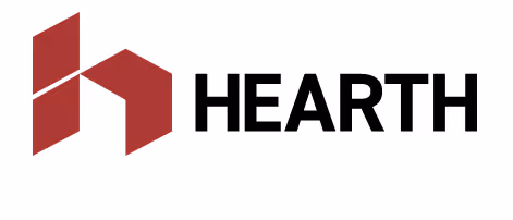 Hearth company logo featuring a stylized red house icon to the left of bold black text reading HEARTH.