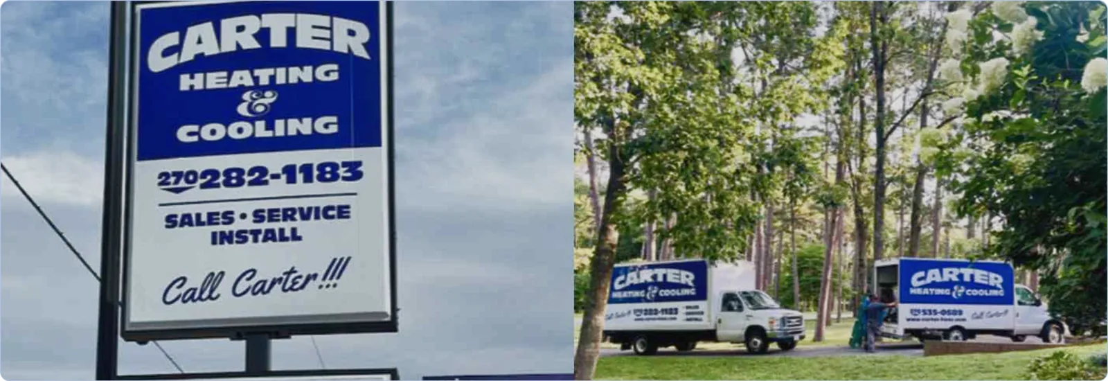 Carter Heating & Cooling sign with phone number and service details, alongside two Carter Heating & Cooling service trucks parked in a wooded area.