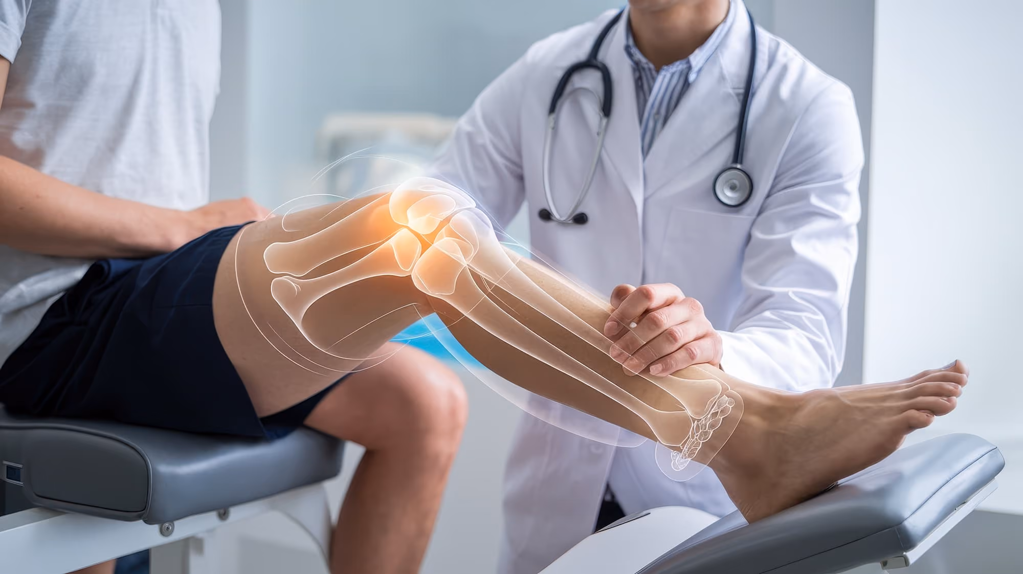 Doctor examining a patient's knee with an overlay of knee joint bones highlighting the area of focus.
