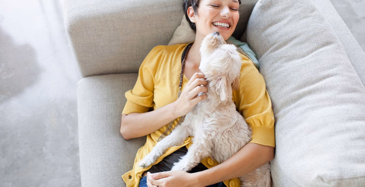 Smiling woman in yellow cardigan lying on a sofa while a small fluffy dog cuddles her.