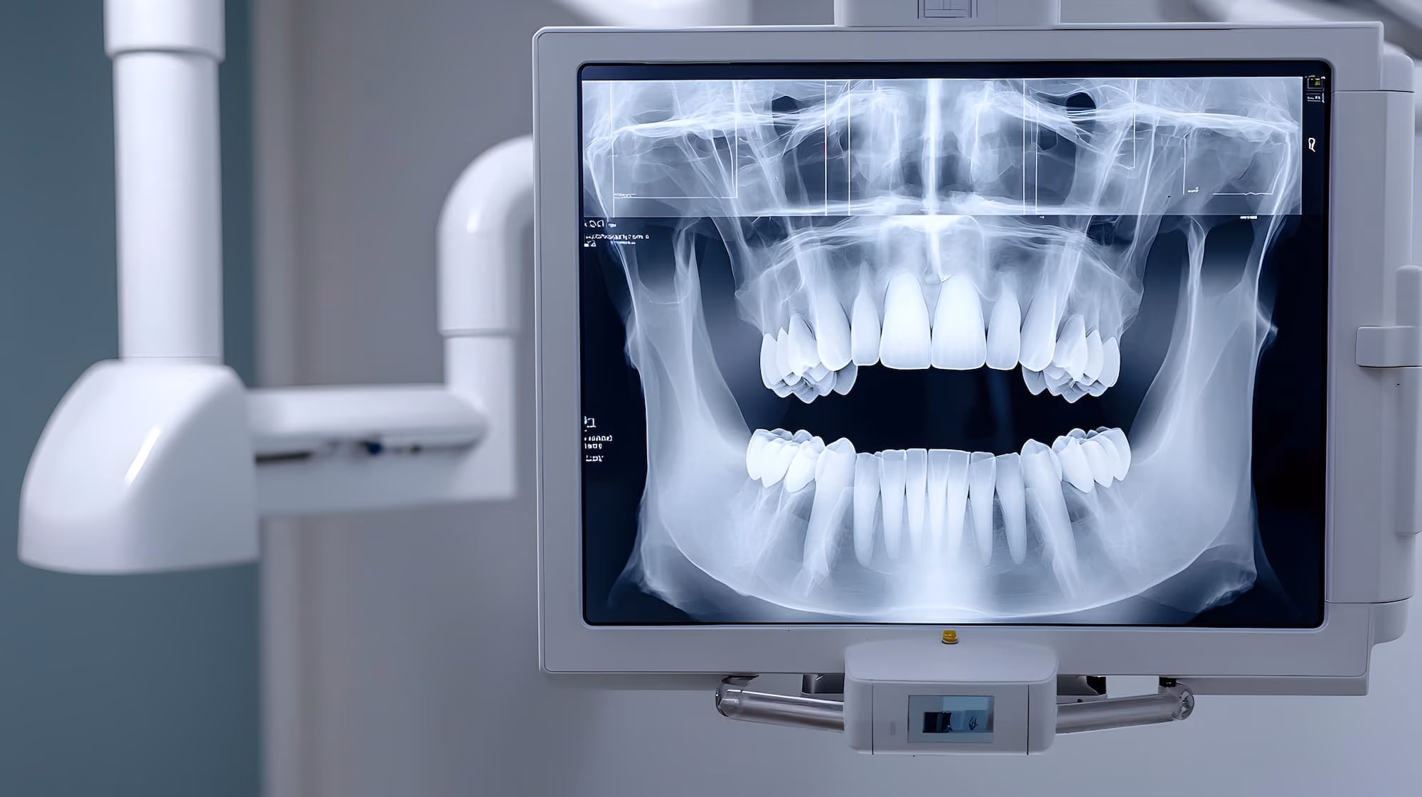 Dental X-ray image showing full upper and lower teeth displayed on a screen in a dental clinic.