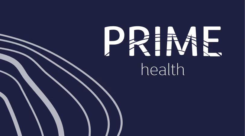 Logo with the word 'PRIME' in bold white letters and 'health' below in smaller letters on a dark blue background with curved line patterns on the left.