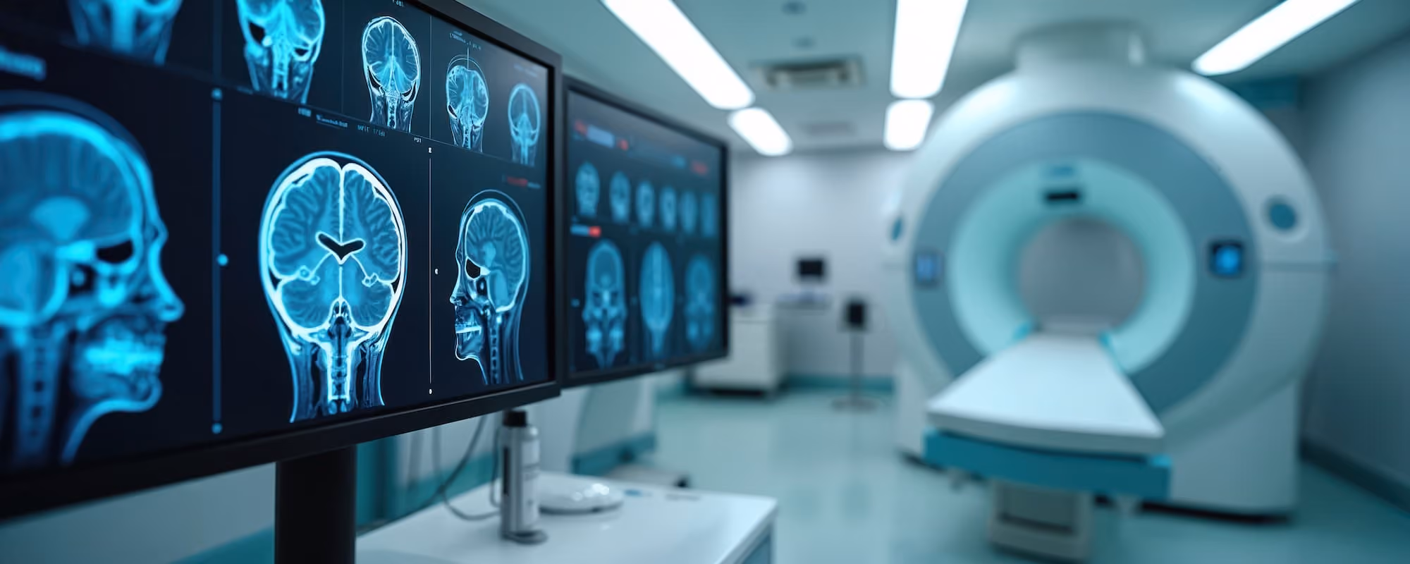Medical room with MRI machine and monitors displaying brain scan images.